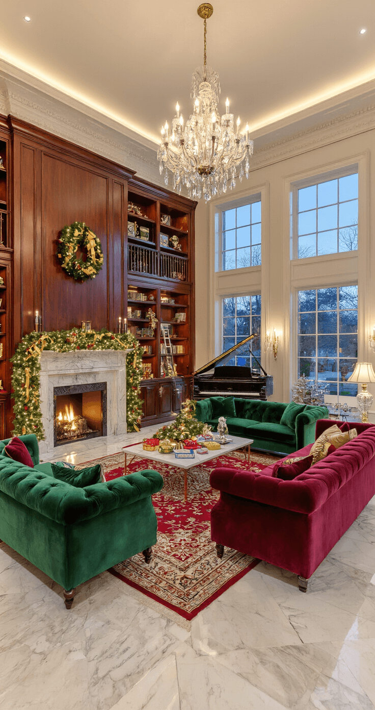 An elegant great room decorated for a Christmas party, featuring marble floors with Persian rugs, mahogany bookcases, a marble fireplace with garland, plush velvet sofas, a grand piano with lights, and a writing desk with notebooks and pens, all under a warm chandelier glow.