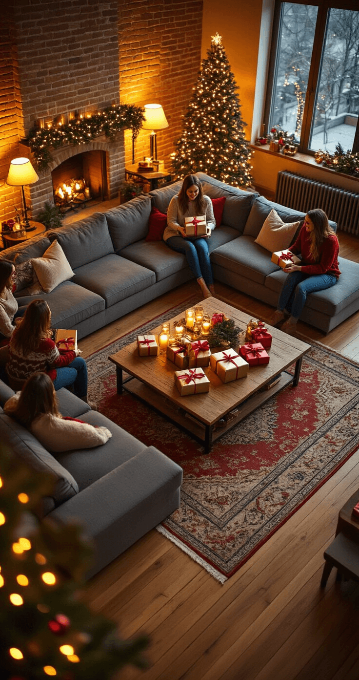 Christmas Party Games That'll Make Your Adult Friends Actually Want to Stay Past 9 PM Photorealistic interior of a cozy living room decorated for Christmas, featuring a large sectional sofa, rustic coffee table with wrapped gifts, warm lighting, and a festive atmosphere with adults in holiday sweaters celebrating together.