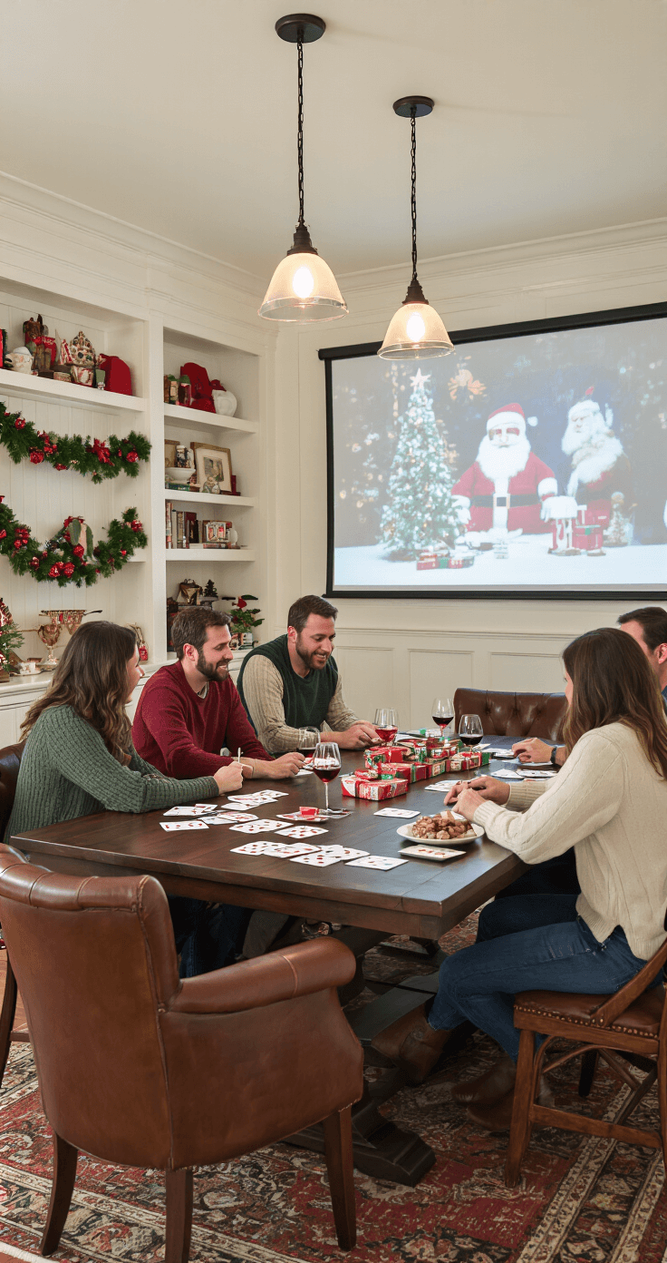 Christmas Party Games That'll Make Your Adult Friends Actually Want to Stay Past 9 PM Cozy dining room converted into a game central with a dark walnut table covered in trivia cards and prizes, six adults in mix-matched chairs engaged in a game, a portable projector displaying Christmas movie stills, and a warm ambiance created by pendant lighting and soft white light with colorful glows.