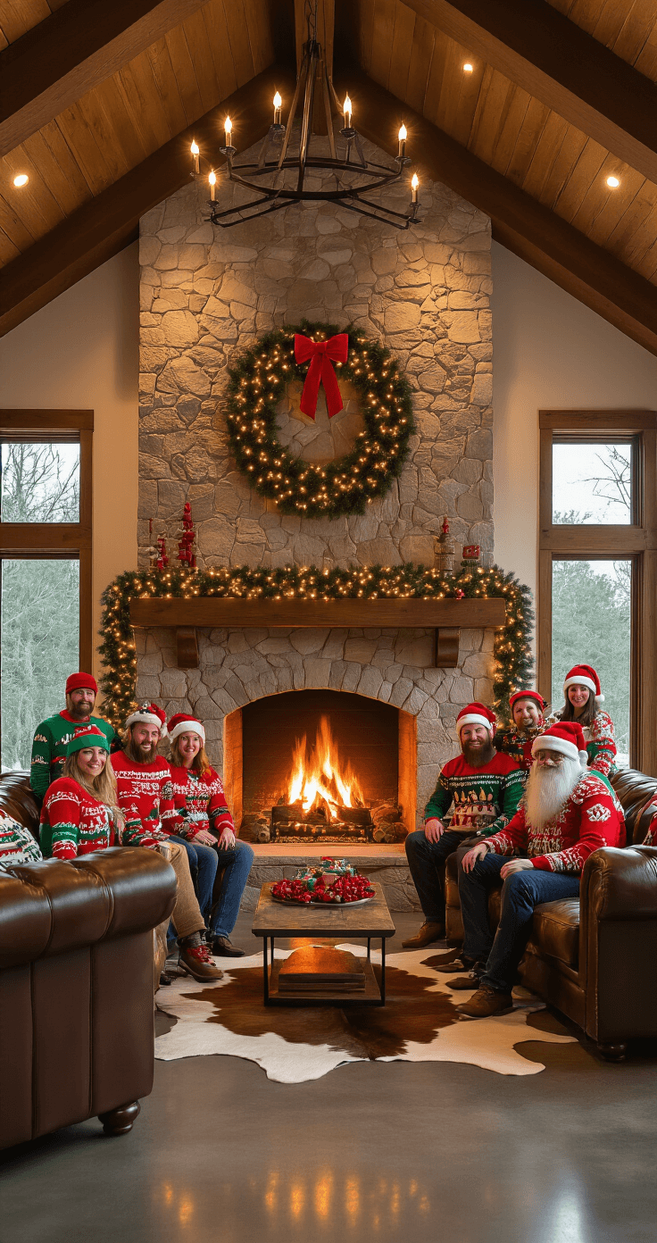 Christmas Party Games That'll Make Your Adult Friends Actually Want to Stay Past 9 PM A festive great room with vaulted ceilings and exposed beams, featuring adults in elaborate ugly Christmas sweaters posing for photos. A stone fireplace with a roaring fire provides dramatic backlighting, and holiday garland with lights decorates the beams. The scene includes leather furniture pushed aside, polished concrete floors with cowhide rugs, and an oversized wreath above the mantle. The cozy atmosphere is enhanced by warm firelight and deep holiday colors.