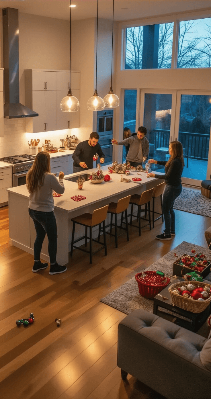 Christmas Party Games That'll Make Your Adult Friends Actually Want to Stay Past 9 PM A modern open-concept living space in the evening, featuring dim pendant lights over a kitchen island filled with festive game supplies. Adults engage in Christmas-themed party games on polished hardwood floors, with contemporary furniture in neutral tones pushed to the walls. The ambiance contrasts bright task areas with soft shadows, while floor-to-ceiling windows reflect the warm interior lighting and metallic silver and gold accents enhance the sophisticated decor.