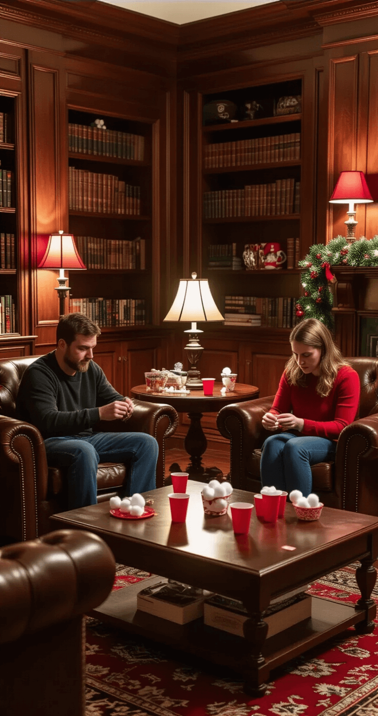 Christmas Party Games That'll Make Your Adult Friends Actually Want to Stay Past 9 PM Adults participating in minute-to-win-it challenges in a cozy den with rich mahogany built-ins, leather club chairs, and warm lighting from table lamps, surrounded by Persian rugs, books, and holiday garland. Close-up view highlighting concentration and competition in a festive red and gold atmosphere.