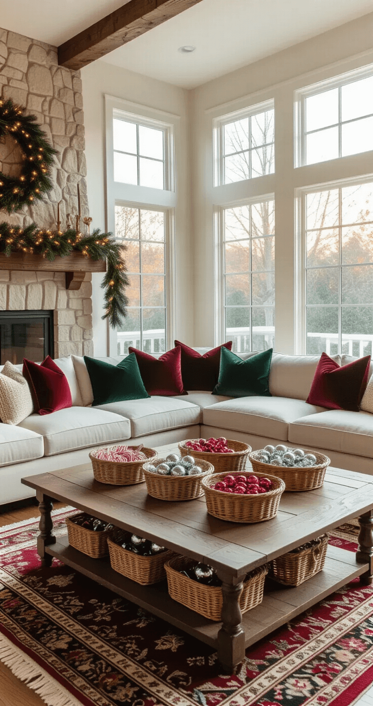 Interior of a warm, festive living room set for a Christmas Eve party, featuring game stations on hardwood floors, a cream-colored sectional sofa, and a stone fireplace adorned with pine garland and lights, all bathed in golden hour light.