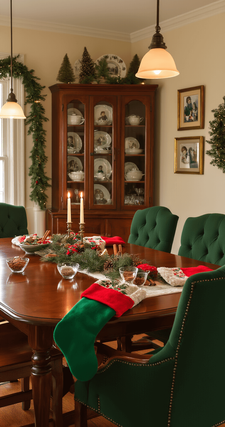 Intimate Christmas dining room setup with candlelight, a mahogany table surrounded by deep forest green chairs, red and green stockings filled with mystery objects, and vintage holiday decorations creating a warm and inviting atmosphere.