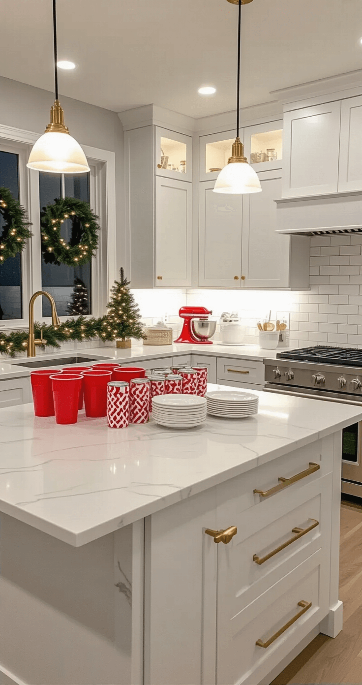 Modern kitchen island set up as a festive Christmas game station, featuring a marble top with arranged red cups, whipped cream cans, and decorative plates, illuminated by under-cabinet LED lights and pendant fixtures, surrounded by sleek cabinetry and stainless steel appliances, with outdoor Christmas lights visible through a window.