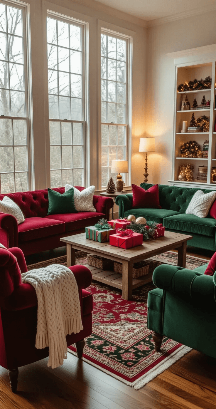 The Ultimate Guide to Christmas Party Games for Adults That Actually Work A cozy living room decorated for a White Elephant gift exchange, featuring plush velvet seating, warm golden hour lighting, and a rustic coffee table filled with colorful wrapped gifts, set against a backdrop of holiday decor and soft string lights.