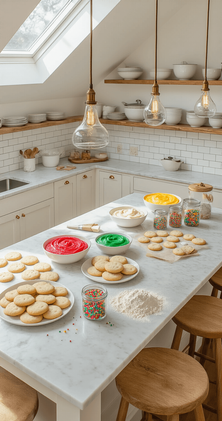 The Ultimate Guide to Christmas Party Games for Adults That Actually Work Aerial view of a spacious kitchen island set up as a cookie decorating station, featuring sugar cookies, colorful royal icing, and sprinkles, with natural light illuminating the scene and rustic stools nearby.