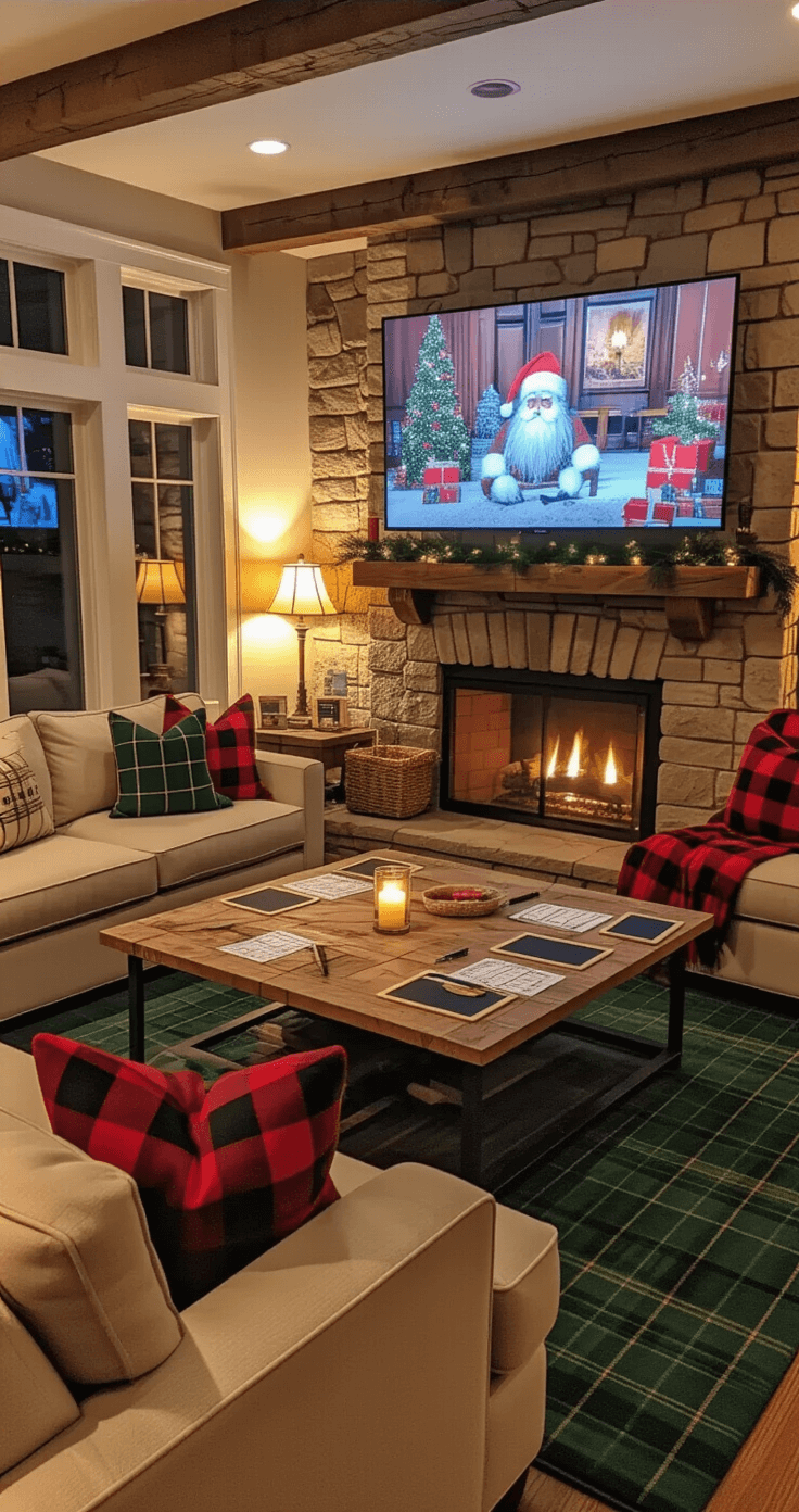 The Ultimate Guide to Christmas Party Games for Adults That Actually Work Cozy living room arranged for Christmas trivia night with warm lighting, a crackling fireplace, sectional sofa with plaid throw pillows, rustic coffee table with trivia materials, and large screen displaying festive imagery.