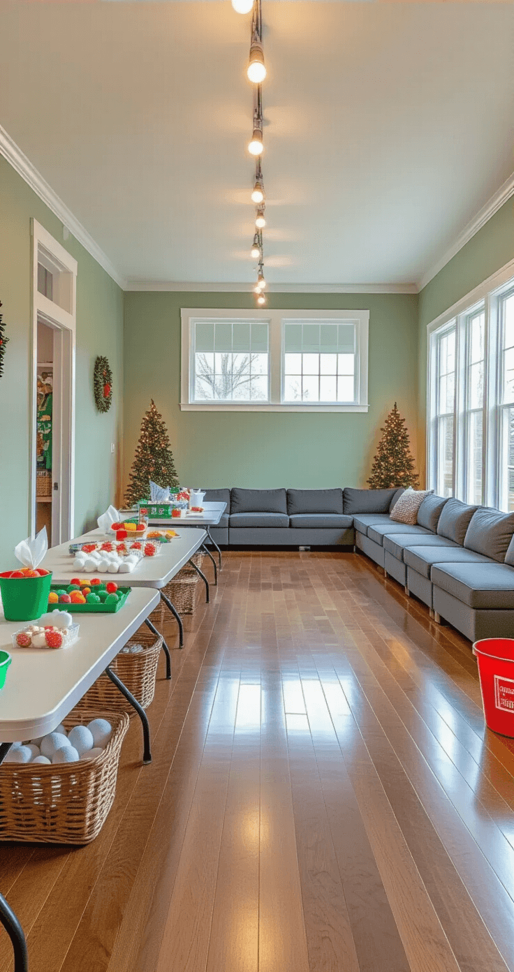 The Ultimate Guide to Christmas Party Games for Adults That Actually Work A spacious living area prepared for Christmas games, featuring bright overhead lighting, string lights along sage green walls, and polished hardwood floors. Folding tables display game supplies, while a charcoal gray sectional offers seating. Large windows with sheer curtains enhance the vibrant atmosphere.