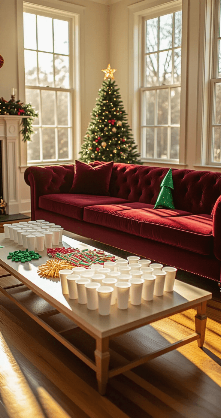 The Ultimate Christmas Party Games That'll Have Your Kids Laughing Until Their Bellies Shake A spacious living room decorated for a Christmas party, featuring golden hour sunlight, a richly colored sofa, a twinkling Christmas tree, and various children's party supplies throughout the scene.