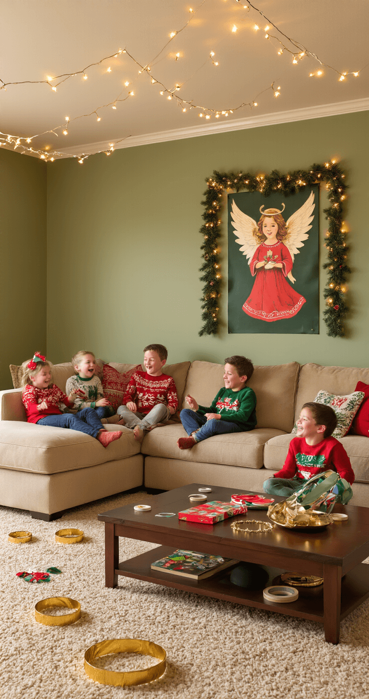 The Ultimate Christmas Party Games That'll Have Your Kids Laughing Until Their Bellies Shake Warm family room during a Christmas party with laughter and play, featuring children in holiday sweaters, twinkling string lights, a sage green accent wall with a Christmas angel poster, and a cozy sectional sofa, all illuminated in amber tones.