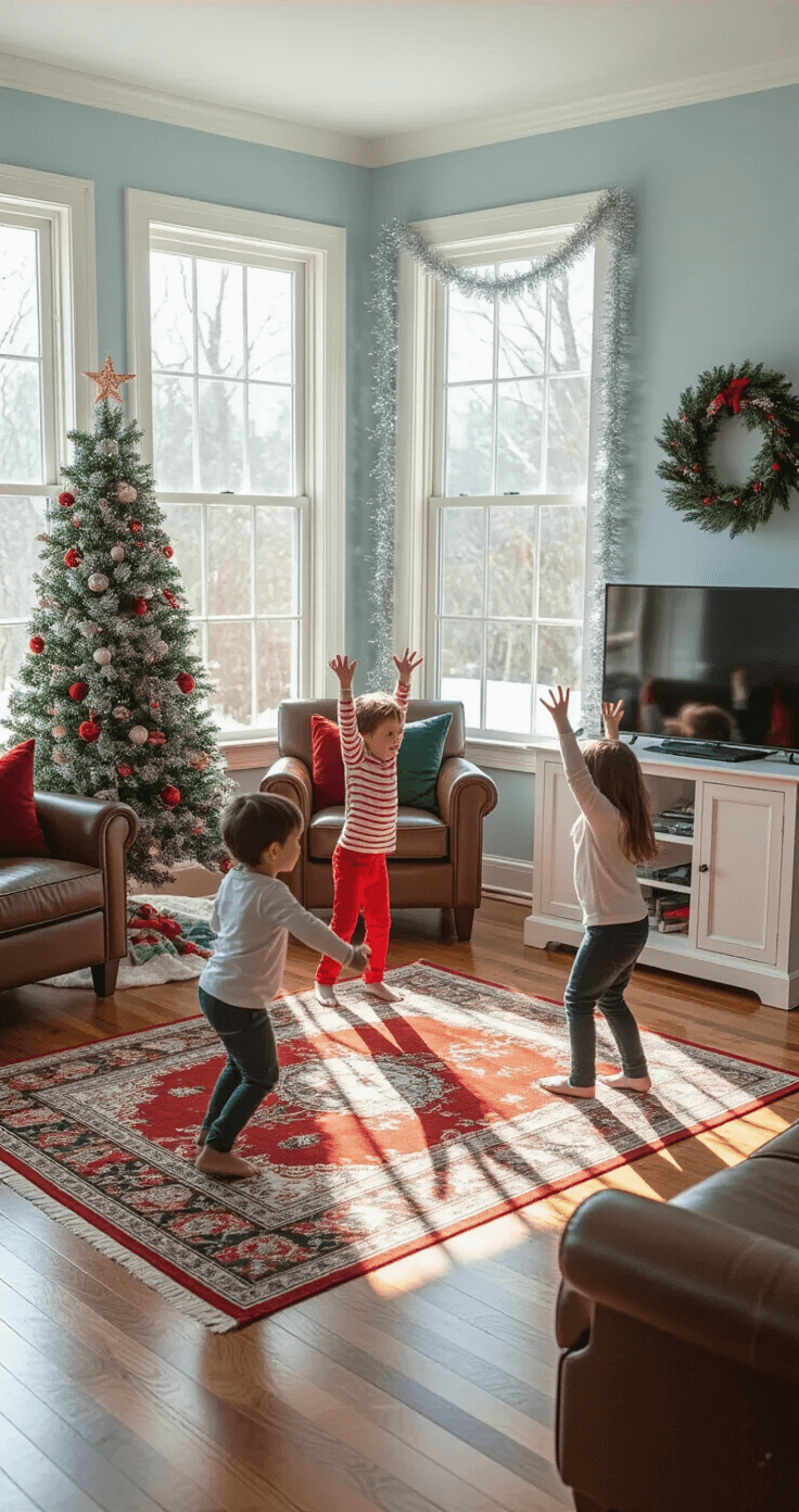 The Ultimate Christmas Party Games That'll Have Your Kids Laughing Until Their Bellies Shake A lively Christmas freeze dance game in a sunny living room, featuring children frozen in tree poses on hardwood floors, with a modern entertainment center and festive decorations like tinsel garlands and fresh pine wreaths.