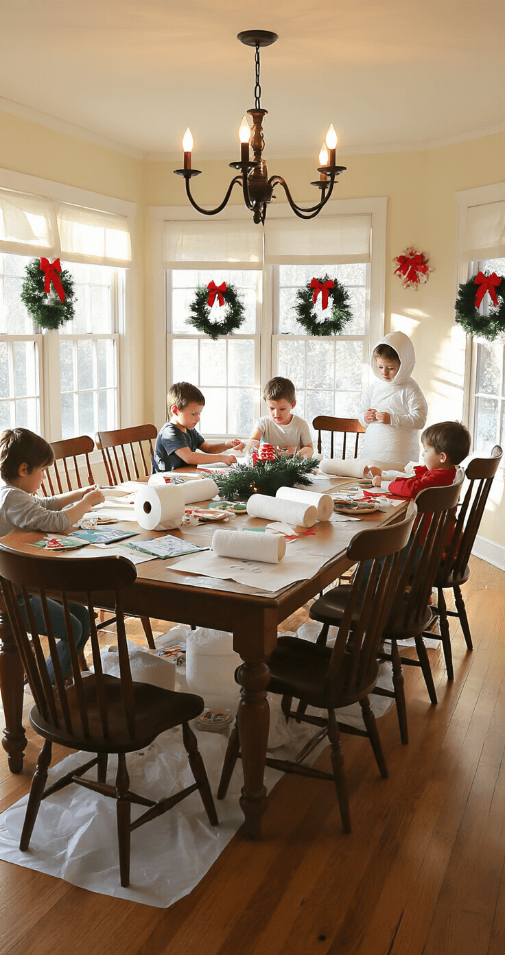 The Ultimate Christmas Party Games That'll Have Your Kids Laughing Until Their Bellies Shake A cozy dining room transformed into a festive game zone, featuring children engaging in a snowman wrapping game with rolls of toilet paper and craft supplies at a large oak table, adorned with handmade snowflakes and red ribbon bows on the cream-colored walls.