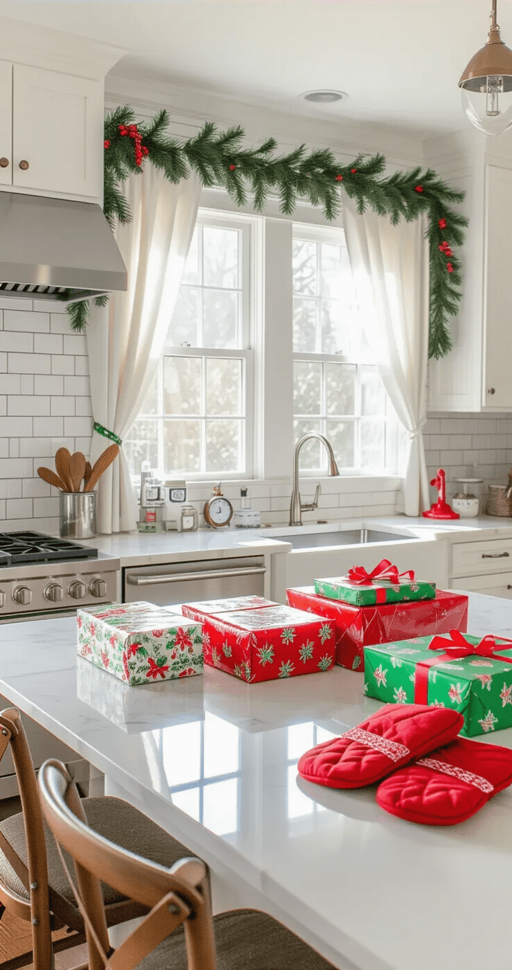 The Ultimate Christmas Party Games That'll Have Your Kids Laughing Until Their Bellies Shake A festive kitchen island transformed into an unwrapping challenge station, filled with wrapped packages and scattered red oven mitts, illuminated by morning sunlight streaming through café curtains, with a backdrop of gleaming stainless steel appliances and a fresh garland.