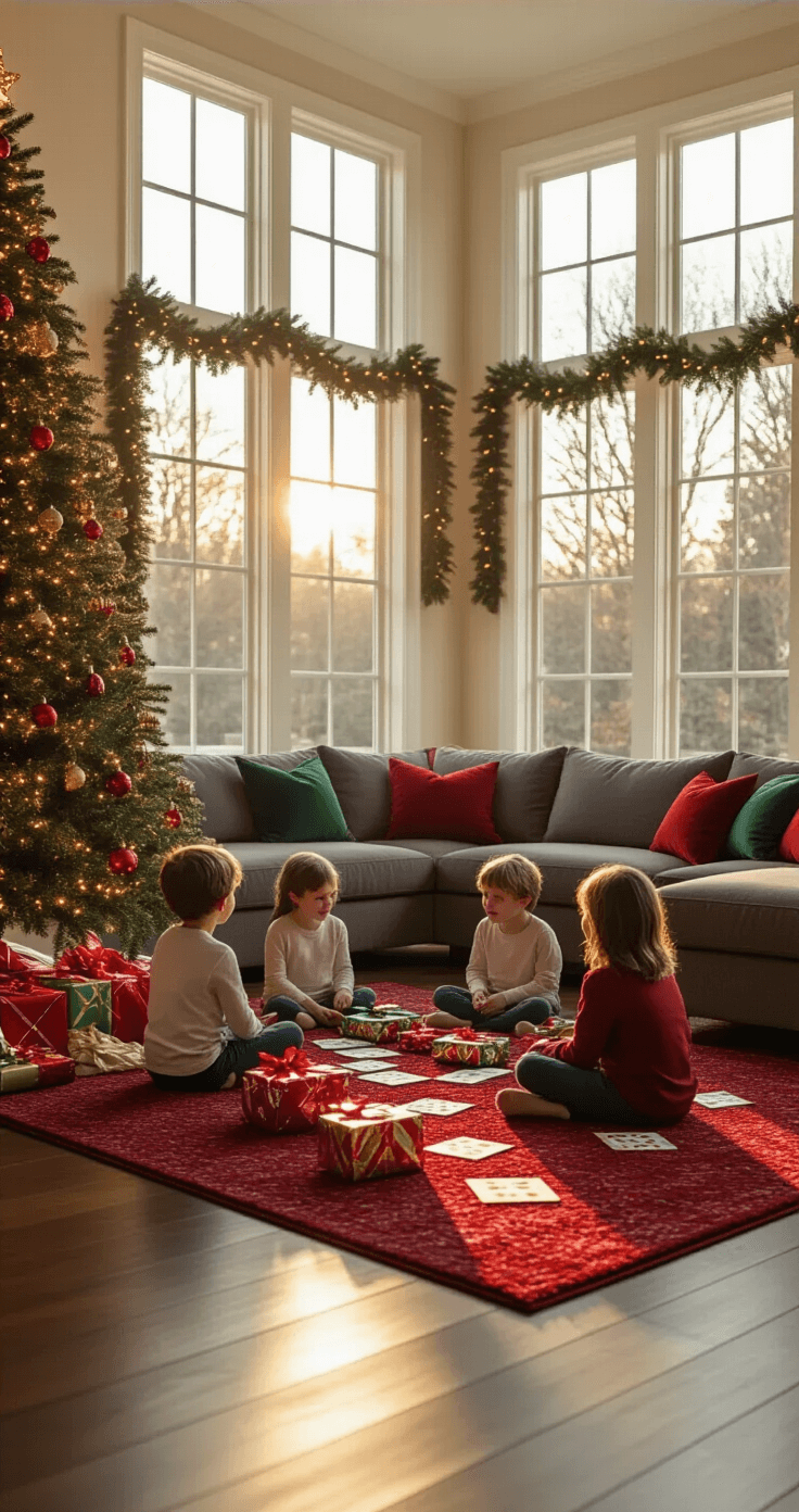 25 Christmas Games for Kids That'll Save Your Holiday Sanity (And Create Magic Too!) Photorealistic interior of a spacious family living room during Christmas afternoon, featuring sunlight through large windows, children seated on a burgundy rug with colorful bingo cards, an 8-foot decorated Fraser fir tree, a cozy charcoal gray sectional sofa, and warm ambient lighting, creating a festive atmosphere.