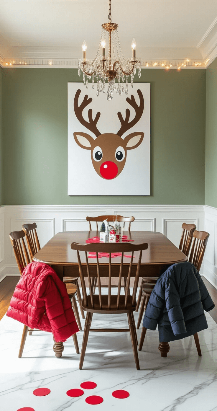 25 Christmas Games for Kids That'll Save Your Holiday Sanity (And Create Magic Too!) Elegant dining room transformed into a Christmas party game zone, featuring sage green walls, a large oak dining table, a life-sized Rudolph poster without a red nose, children's winter coats on Windsor chairs, and festive decorations, all bathed in warm late afternoon light.