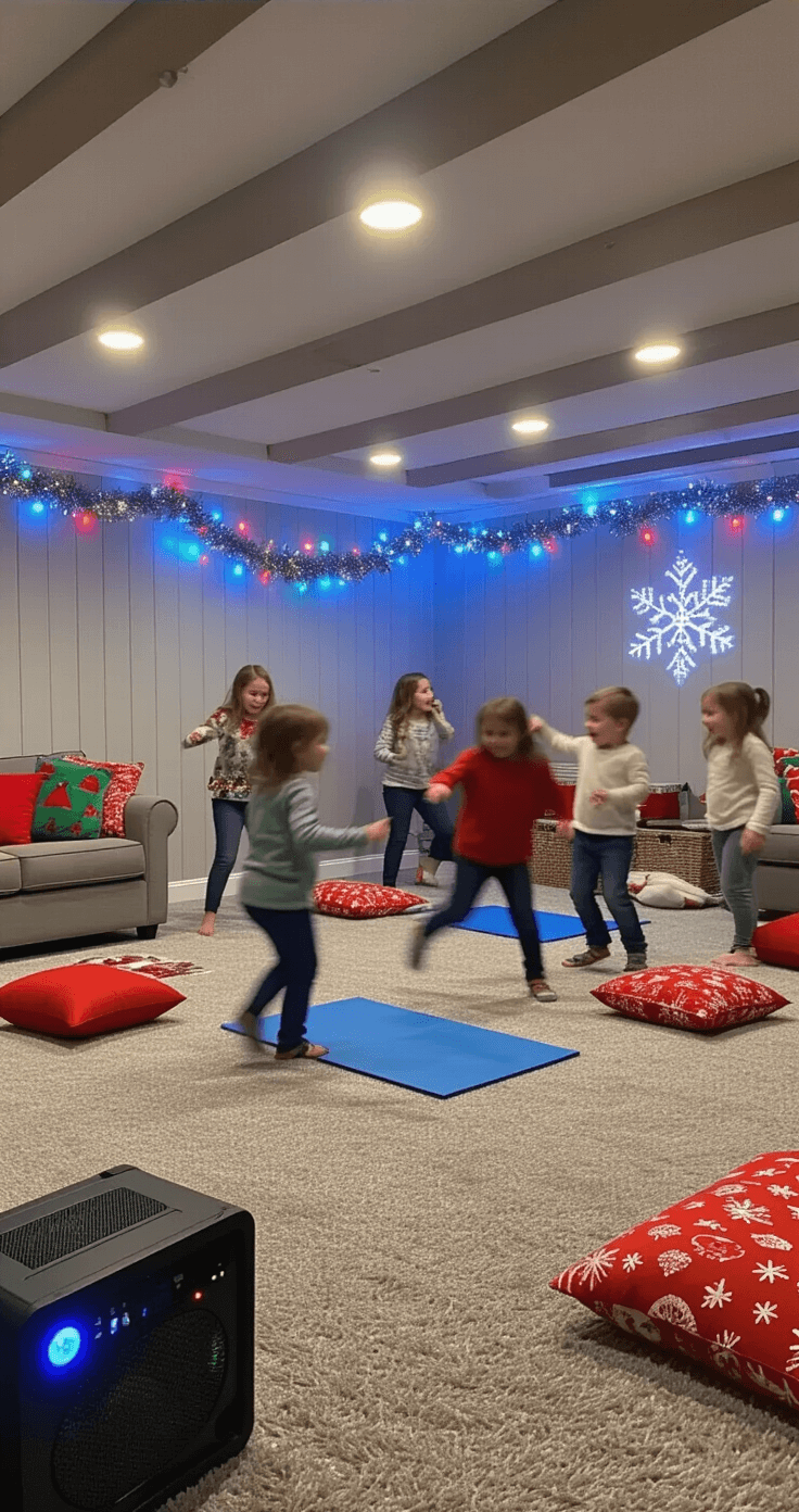 25 Christmas Games for Kids That'll Save Your Holiday Sanity (And Create Magic Too!) Dynamic family room basement scene filled with children dancing amidst colorful decor, illuminated by bright overhead lights and warm string lights, with tinsel garland and paper snowflakes, creating a vibrant holiday party atmosphere.