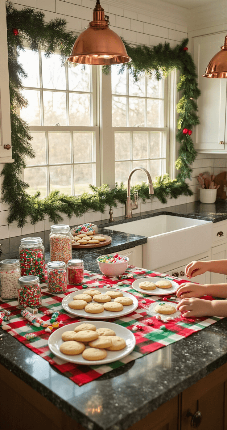 25 Christmas Games for Kids That'll Save Your Holiday Sanity (And Create Magic Too!) Intimate kitchen scene during golden hour featuring a large granite island as a cookie decorating station, adorned with a buffalo check tablecloth. Colorful sprinkles in mason jars, tubes of icing, and plain sugar cookies on white plates. Small hands creating edible art amidst a flour-dusted surface, with copper pendant lights and fresh pine garland adding warmth and festive spirit to the cozy atmosphere.
