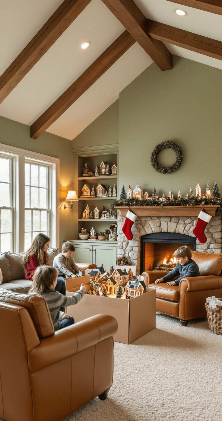 25 Christmas Games for Kids That'll Save Your Holiday Sanity (And Create Magic Too!) Cozy family room with vaulted ceilings and exposed wooden beams, featuring children gathered around a decorated cardboard box, expressing wonder and curiosity. The space has sage walls, cream carpeting, oversized caramel leather armchairs, a stone fireplace with a crackling fire, and a mantle decorated with stockings and garland, all illuminated by warm ambient lighting.