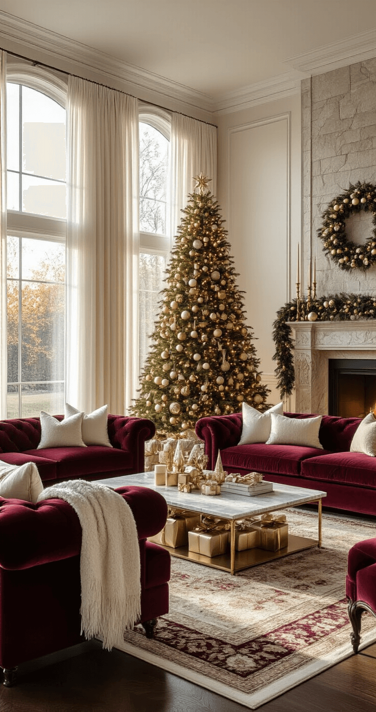 The Ultimate Guide to Hilarious Christmas Games That'll Have Your Guests Crying with Laughter A luxurious Christmas-decorated living room with burgundy velvet sofas, a marble coffee table, a towering Fraser fir tree, and elegant ambient lighting during golden hour.