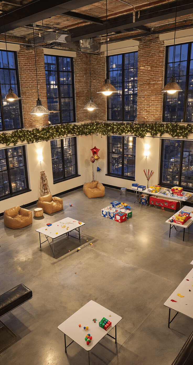 The Ultimate Guide to Hilarious Christmas Games That'll Have Your Guests Crying with Laughter Spacious open-plan party room with modern industrial decor, featuring exposed brick walls, festive Christmas garlands, and game supplies, all illuminated by dramatic uplighting and city lights beyond.