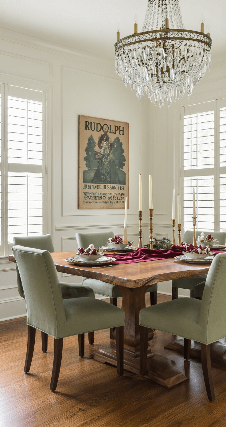 The Ultimate Guide to Hilarious Christmas Games That'll Have Your Guests Crying with Laughter Elegant dining room with live-edge walnut table and sage green upholstered chairs, featuring Christmas decor like burgundy velvet runner, brass hurricane lamps, and playful red foam noses, all under soft afternoon light filtering through plantation shutters.