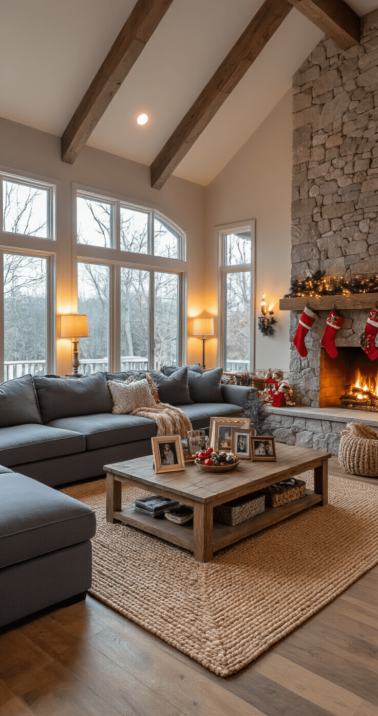 The Ultimate Guide to Hilarious Christmas Games That'll Have Your Guests Crying with Laughter Cozy family room in early evening with layered ambient lighting, featuring a charcoal gray L-shaped sectional sofa, rustic wood coffee table with vintage Christmas photos, vaulted ceilings, stone accent wall, and warm lighting from lamps and a crackling fire, decorated with stockings, vintage ornaments, and wrapped gifts.