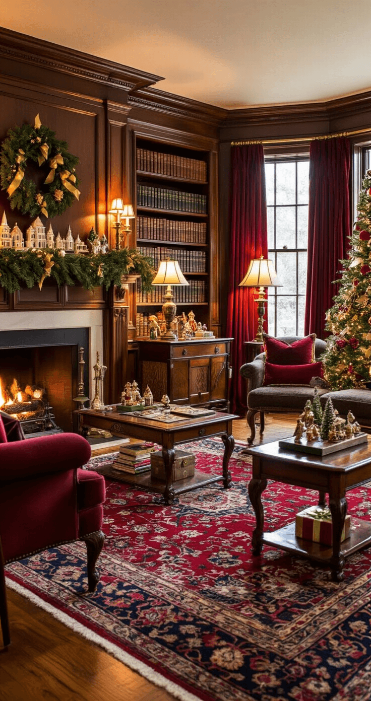 The Ultimate Guide to Hilarious Christmas Games That'll Have Your Guests Crying with Laughter A cozy traditional living room during the late afternoon, featuring warm lamp lighting, teams playing on Persian rugs, a grand piano adorned with evergreen garland, and elegant Christmas decorations, all set within an atmosphere of refined competition and holiday spirit.