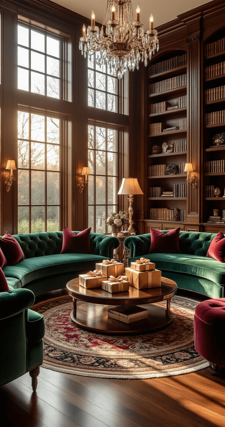 Christmas Gift Exchange Games That'll Actually Make Your Party Memorable (No Boring Swaps Here!) Elegant living room during golden hour with sunlight streaming through tall windows, featuring a circular arrangement of plush emerald and burgundy sofas around a mahogany coffee table adorned with wrapped gifts, built-in mahogany bookshelves, a crystal chandelier, and jewel-toned Persian rugs.