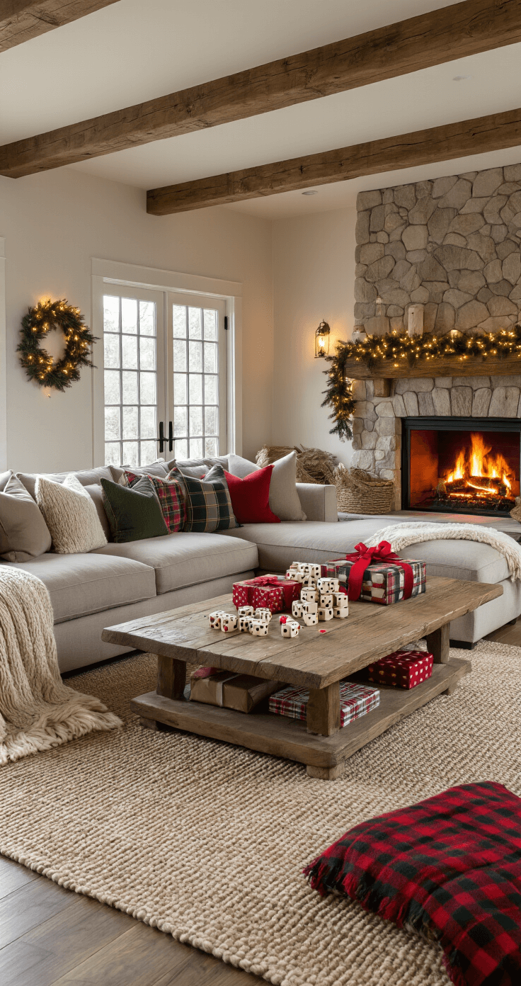 Christmas Gift Exchange Games That'll Actually Make Your Party Memorable (No Boring Swaps Here!) Cozy family room with taupe sectional seating, a rustic wooden coffee table adorned with colorful dice and wrapped presents, a crackling stone fireplace, and festive pine garland with fairy lights, creating a warm holiday gaming atmosphere.