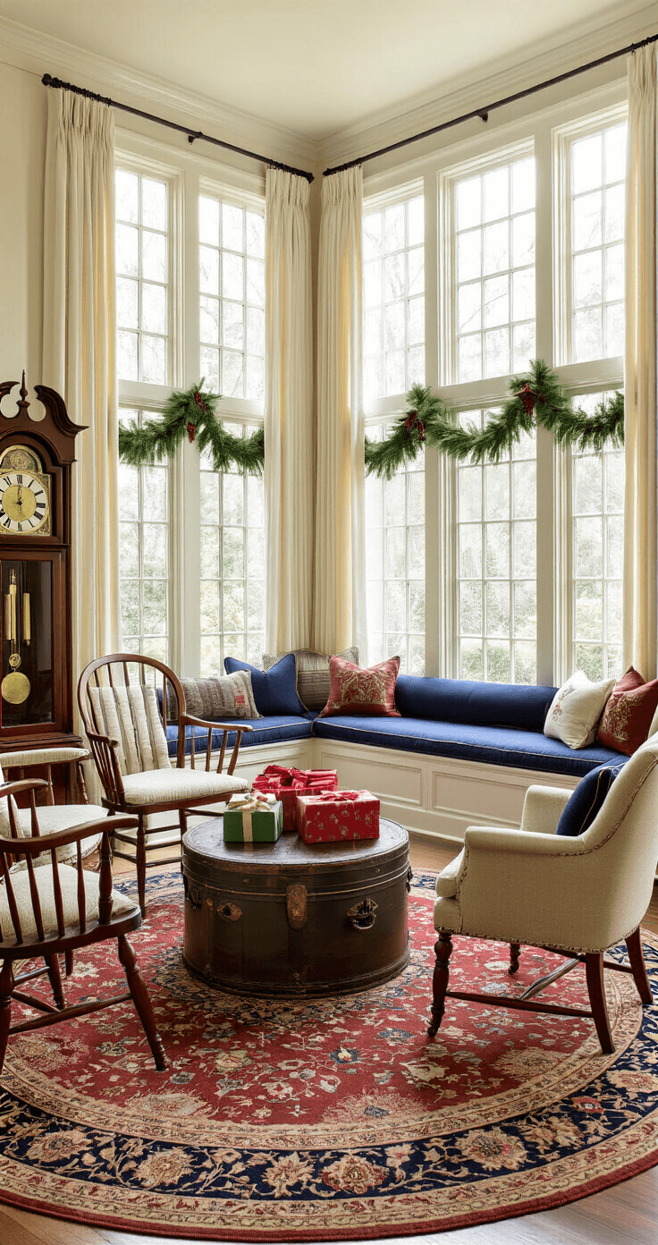 Christmas Gift Exchange Games That'll Actually Make Your Party Memorable (No Boring Swaps Here!) A spacious great room designed for storytelling, featuring a circular arrangement of vintage chairs, filtered afternoon light, and a central area with wrapped gifts on an antique trunk, surrounded by built-in window seats, family photographs, and seasonal decorations, all creating a warm, heirloom family atmosphere.