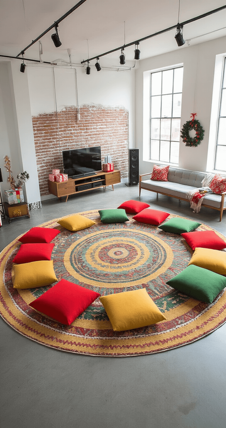 Christmas Gift Exchange Games That'll Actually Make Your Party Memorable (No Boring Swaps Here!) Open-concept living space with polished concrete floors, colorful rugs, and scattered floor cushions, featuring an industrial-chic brick wall and modern furniture; bright lighting enhances an energetic party atmosphere.