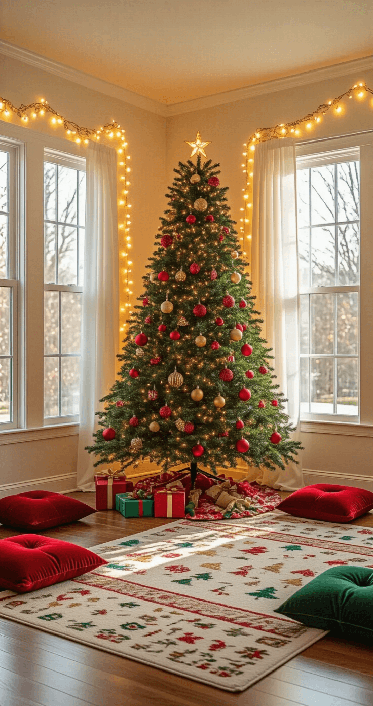 Creating the Ultimate Kids Christmas Games Paradise: My Journey to Holiday Magic A child's eye view of a transformed living room for Christmas, featuring a decorated artificial Christmas tree, warm string lights, festive play mats, and cozy pillows, all bathed in golden hour light.