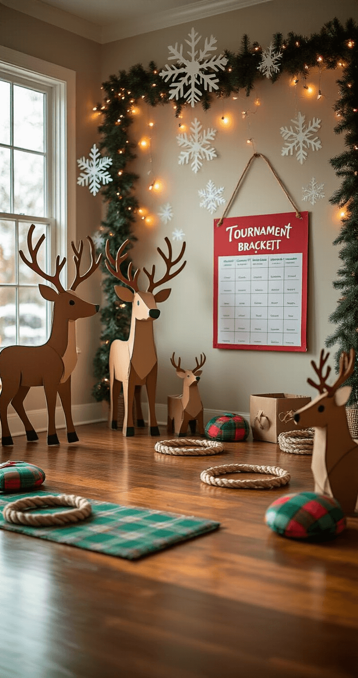 Creating the Ultimate Kids Christmas Games Paradise: My Journey to Holiday Magic A festive game zone with reindeer ring toss championship setup, featuring cardboard reindeer cutouts, cascading paper snowflakes, string lights, pine wreaths, and a tournament bracket, all captured in warm and cool lighting with a polished oak floor reflecting the scene.