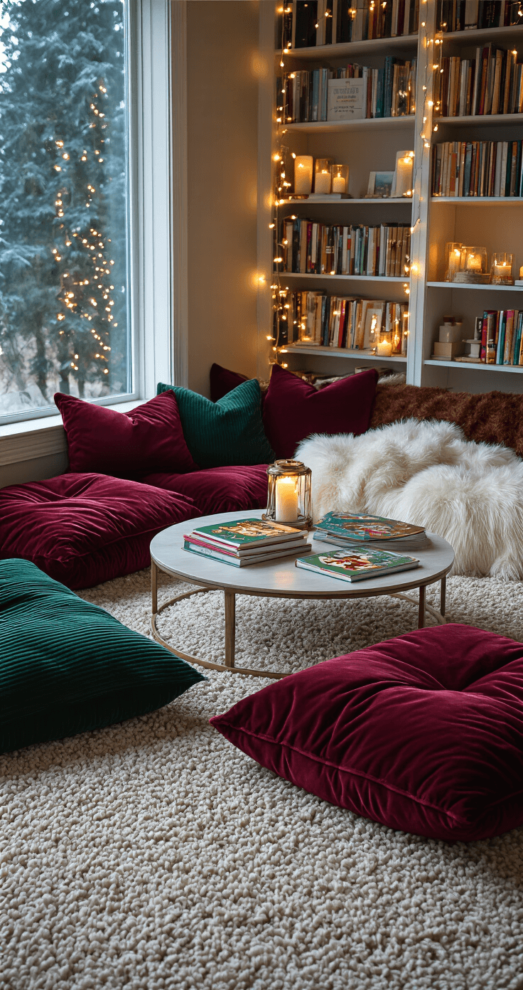 Creating the Ultimate Kids Christmas Games Paradise: My Journey to Holiday Magic A cozy Christmas storytelling nook with oversized cushions, illustrated storybooks on a low coffee table, soft throws, string lights in the background, and ambient candlelight, captured during the blue hour.