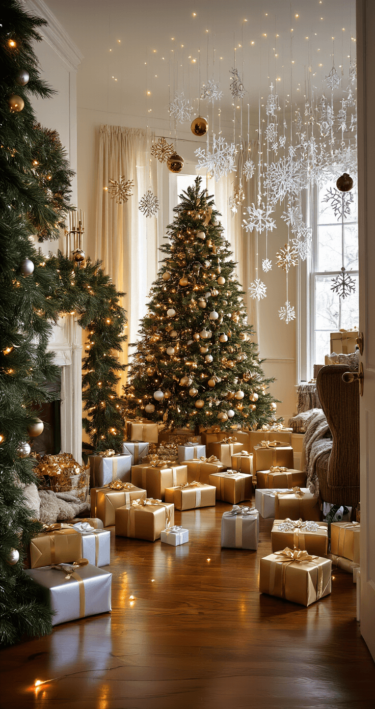 Creating the Ultimate Kids Christmas Games Paradise: My Journey to Holiday Magic A festive living space decorated for a treasure hunt, featuring hidden gift boxes among evergreen garlands and colorful ornaments, with warm lighting creating an atmosphere of adventure and discovery.