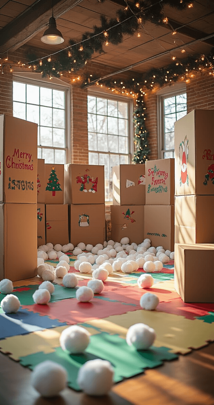 Creating the Ultimate Kids Christmas Games Paradise: My Journey to Holiday Magic Energetic snowball fight arena with cardboard fort walls, safe fabric snowballs, festive decorations, and vibrant play mats, illuminated by high-energy lighting and natural light streaming through large windows, capturing the excitement of active gameplay.