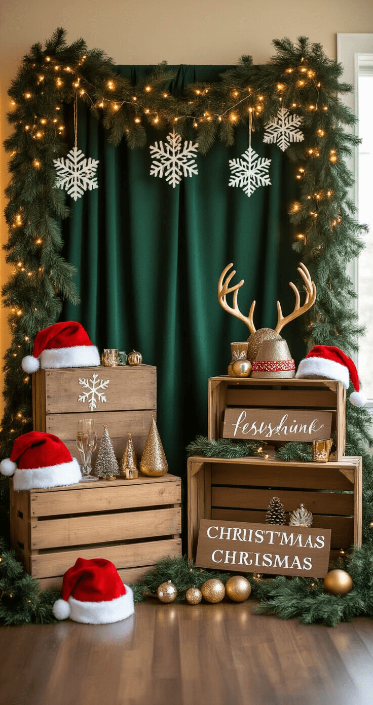 Creating the Ultimate Kids Christmas Games Paradise: My Journey to Holiday Magic A beautifully arranged Christmas photo booth corner featuring a handcrafted evergreen backdrop with fairy lights and oversized paper snowflakes, complemented by vintage wooden crates filled with festive props, all illuminated by warm string lights and soft natural light for perfect portrait-quality photography.