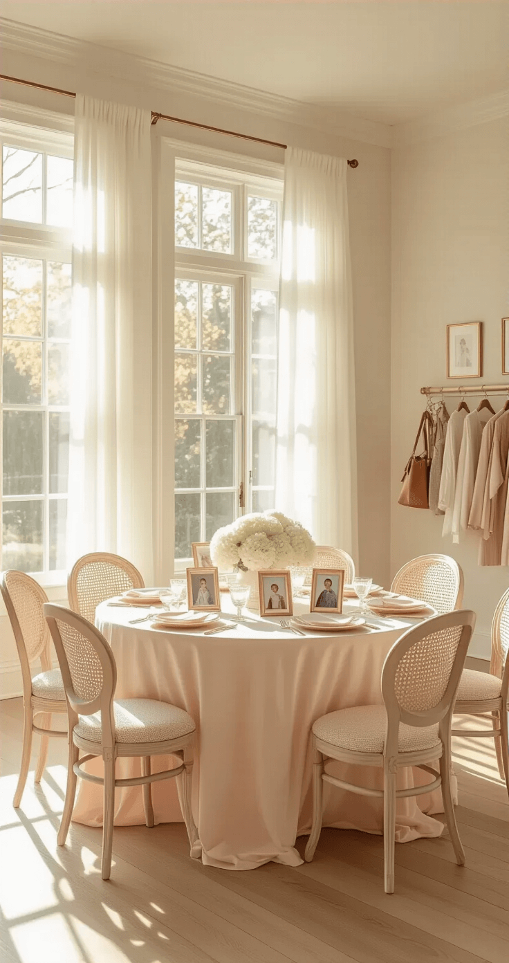 Photorealistic image of a bright baby shower setup in a spacious living room, featuring a blush pink table with vintage chairs, baby photos, and floral centerpieces under warm afternoon sunlight.