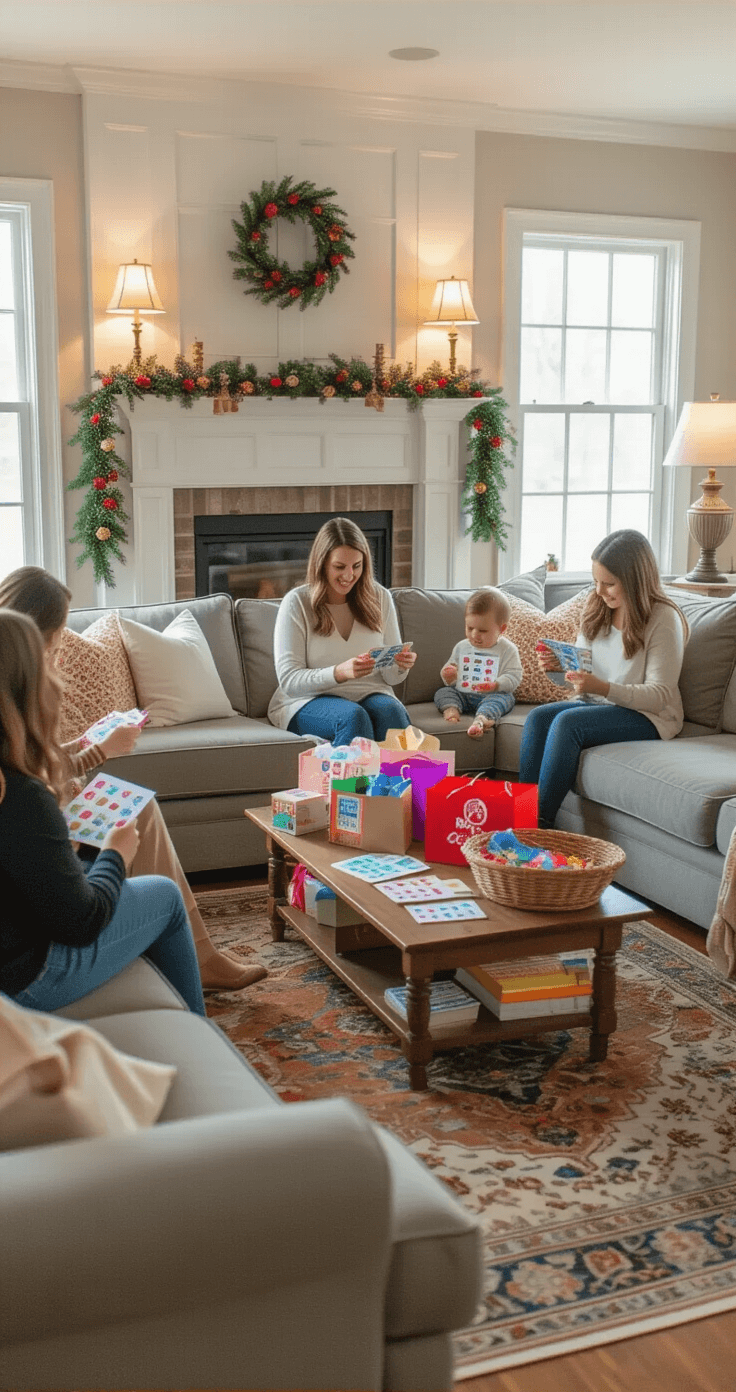 A cozy family room filled with warmth during a baby shower gift-opening, featuring a dove gray sectional sofa, a mom-to-be surrounded by colorful gift bags, guests playing bingo, and soft afternoon sunlight illuminating the space.