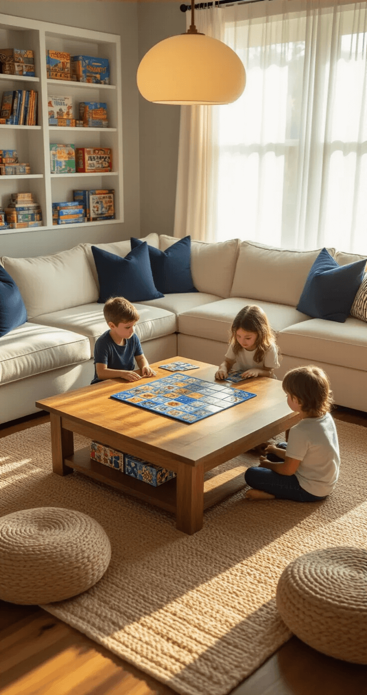 # The Ultimate Guide to Kids Games: From Board Games to Digital Adventures That Actually Work Cozy family playroom at golden hour with warm sunlight illuminating a large oak coffee table displaying colorful Azul game tiles, two children studying them on a jute rug, surrounded by a plush sectional sofa and built-in bookshelves filled with games.