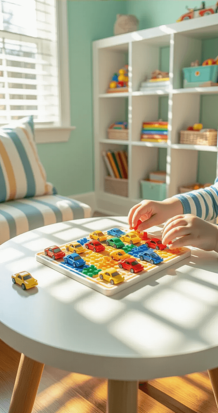 # The Ultimate Guide to Kids Games: From Board Games to Digital Adventures That Actually Work Close-up of a child's bedroom corner, showcasing a round white table with colorful Rush Hour game pieces. A 7-year-old's hands maneuver red and yellow cars on the game grid. The scene features a mint green wall, white storage cubbies, and a cozy reading chair. Natural light casts geometric shadows on the game surface, highlighting the warm wood flooring and scattered colored pencils.