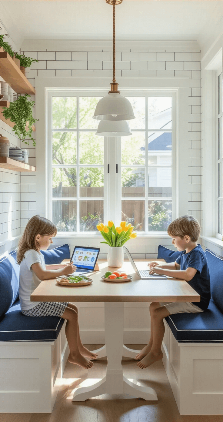 # The Ultimate Guide to Kids Games: From Board Games to Digital Adventures That Actually Work A bright kitchen breakfast nook featuring a built-in white banquette with navy blue cushions, a light wood table with tablets displaying educational games, and two children engaged in math activities, illuminated by natural light from large windows overlooking a garden. The space has a Scandinavian design with a white subway tile backsplash, floating shelves with plants, and pendant lights with brass fixtures, enhanced by fresh flowers and healthy snacks.