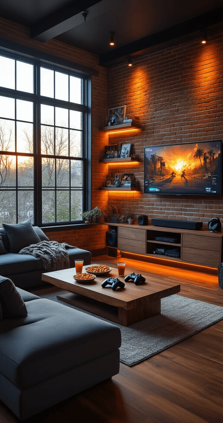 The Ultimate Guide to Games That'll Actually Get Your Friends Talking (And Maybe Yelling) A modern living room game night scene with a charcoal gray sectional sofa, wall-mounted TV, and warm amber light from west-facing windows, featuring wireless controllers, snack bowls, and gaming headsets, shot from a low angle to highlight the cozy atmosphere.
