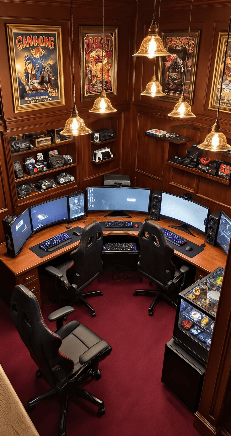 The Ultimate Guide to Games That'll Actually Get Your Friends Talking (And Maybe Yelling) An elegant dusk-lit game room featuring rich mahogany paneling, burgundy carpet, and sophisticated pendant lighting, showcasing a custom-built gaming station with four high-end monitors, black leather gaming chairs, and vintage arcade game posters.