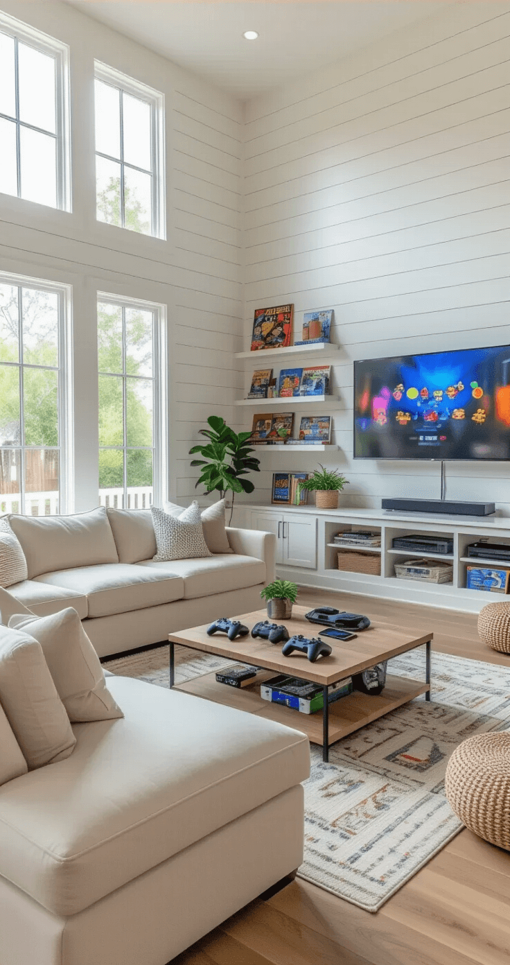 The Ultimate Guide to Games That'll Actually Get Your Friends Talking (And Maybe Yelling) Bright family room with natural light, featuring white shiplap walls, light oak flooring, a cream linen sectional, and a mounted TV showing party game graphics, surrounded by gaming accessories, board games, and potted plants.