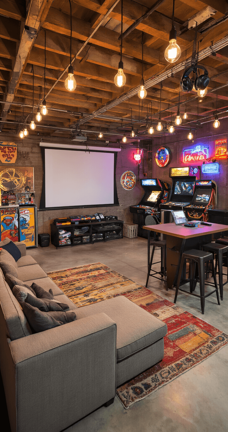 The Ultimate Guide to Games That'll Actually Get Your Friends Talking (And Maybe Yelling) A cozy converted garage game space illuminated by Edison bulb string lights, featuring concrete floors with colorful rugs, a sectional sofa facing a projection screen, a high-top table with bar stools, gaming headsets on wall organizers, a charging station, and vintage arcade artwork, all creating a casual hangout vibe.