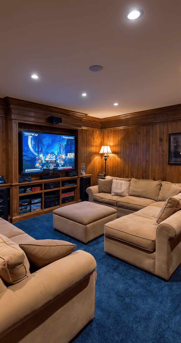 The Ultimate Guide to Games That'll Actually Get Your Friends Talking (And Maybe Yelling) Cozy basement recreation room with wood-paneled walls, deep blue carpeting, a tan sectional sofa around a large ottoman, wall-mounted TV with split-screen gaming, surround sound speakers, an entertainment center, and a wet bar, all softly lit for an intimate gaming atmosphere.