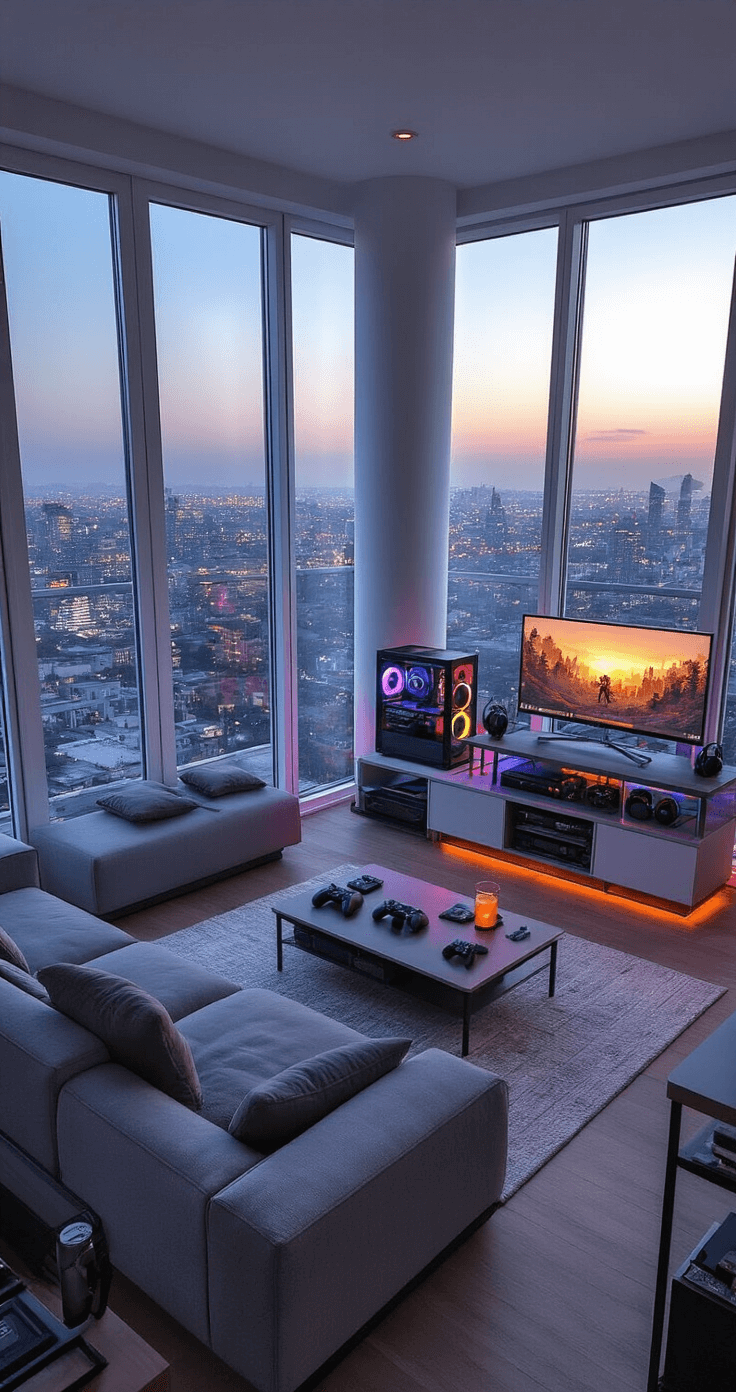 The Ultimate Guide to Games That'll Actually Get Your Friends Talking (And Maybe Yelling) A modern apartment living room with floor-to-ceiling windows at golden hour, featuring a compact layout with modular seating, a mounted TV on a swivel arm, smart storage for gaming accessories, and RGB lighting, showcasing an efficient and stylish urban gaming space.