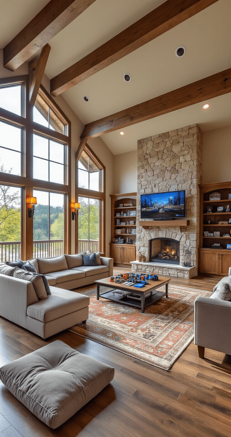 The Ultimate Guide to Games That'll Actually Get Your Friends Talking (And Maybe Yelling) A spacious family room featuring vaulted ceilings, exposed wooden beams, and large picture windows, showcasing a stone fireplace accent wall, hardwood floors, and multiple seating arrangements for both digital and traditional gaming, organized with built-in cabinetry.